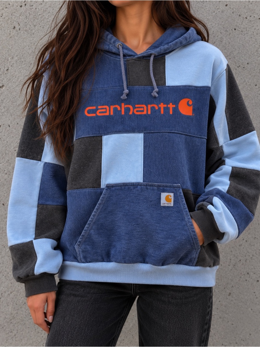 Upcycled Carhartt Patchwork Handmade Cozy Blue Orange Logo Hoodie Sweatshirt